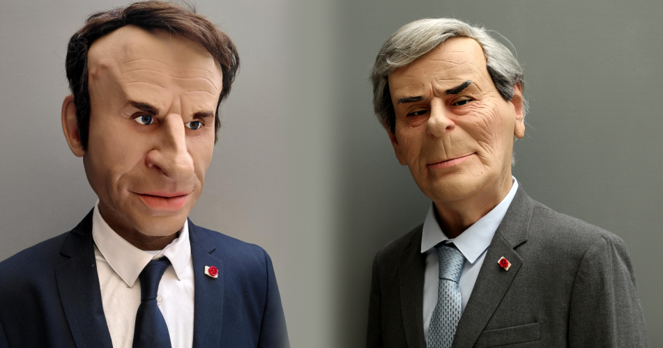 Photo de marionnette de Bolloré et Macron style Guignols